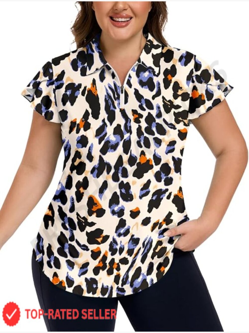 Plus Size Ruffle Sleeve Golf Polo Shirt Loose Fit Quarter Zip V-Neck Active Top